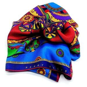 Vintage Perry Ellis Multicolor Jewel-Tone Silk Square Scarf